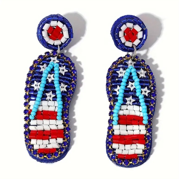 Beaded Patriotic Sandals Dangle Earrings - Picture 2 of 3